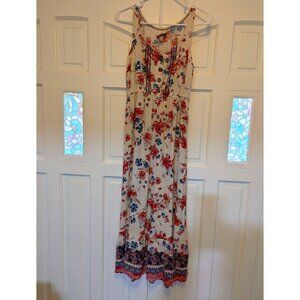 Knox Rose Summer Rayon Maxi Sundress Gathered Sleeveless Floral on White Small